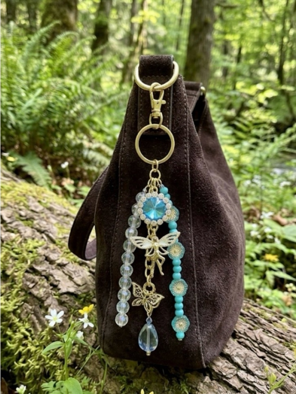 Gold-Tone Turquoise & Blue Crystal Fairy and Butterfly Bag Charm